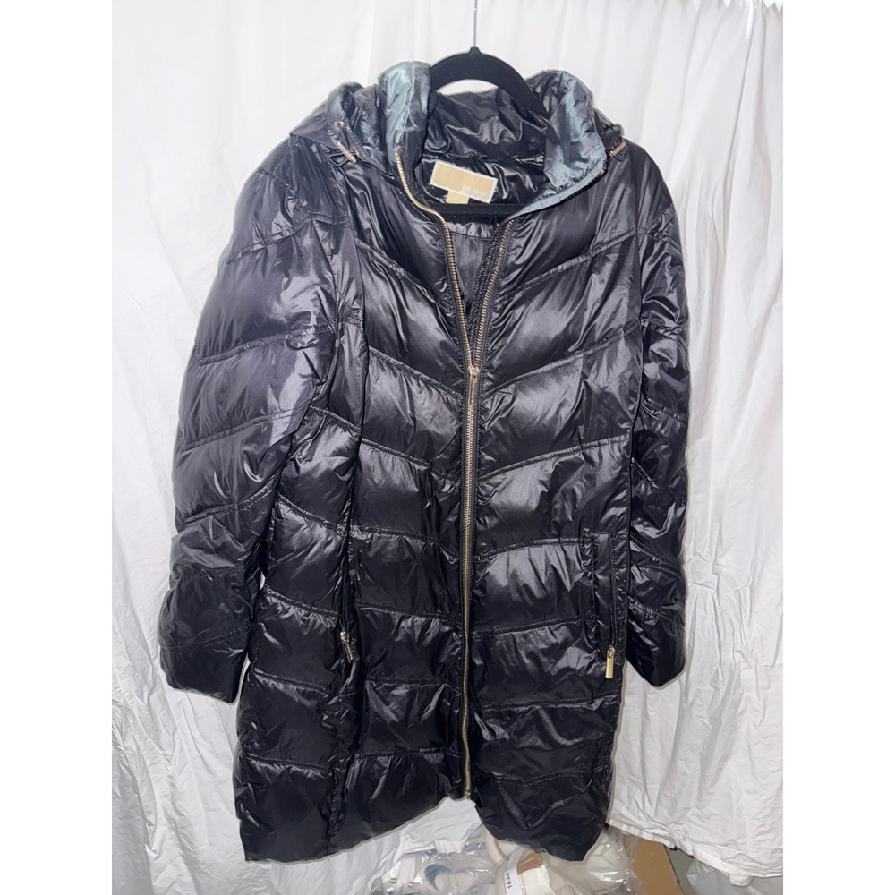 Michael Kors Womens Black Chevron Quilted Hooded Puffer Coat Jacket XL Gold Trim